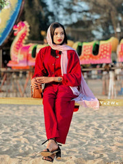 Yezwe modest wear co-ord set in red with stylish top and pants, complemented by a scarf