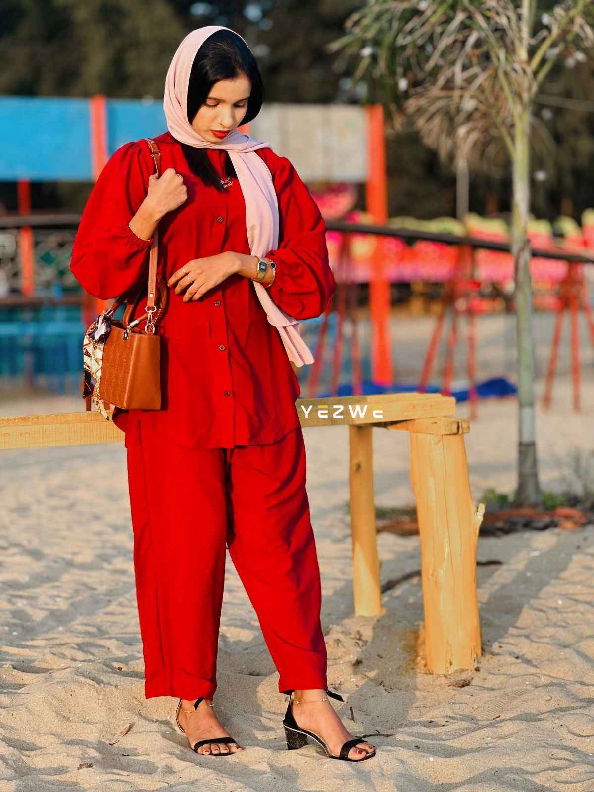 Yezwe modest wear co-ord set in vibrant red with stylish top and pants for a trendy look