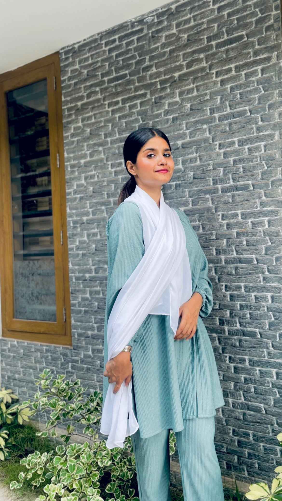 Yezwe modest wear co-ord set featuring a light green tunic and matching pants with a white scarf