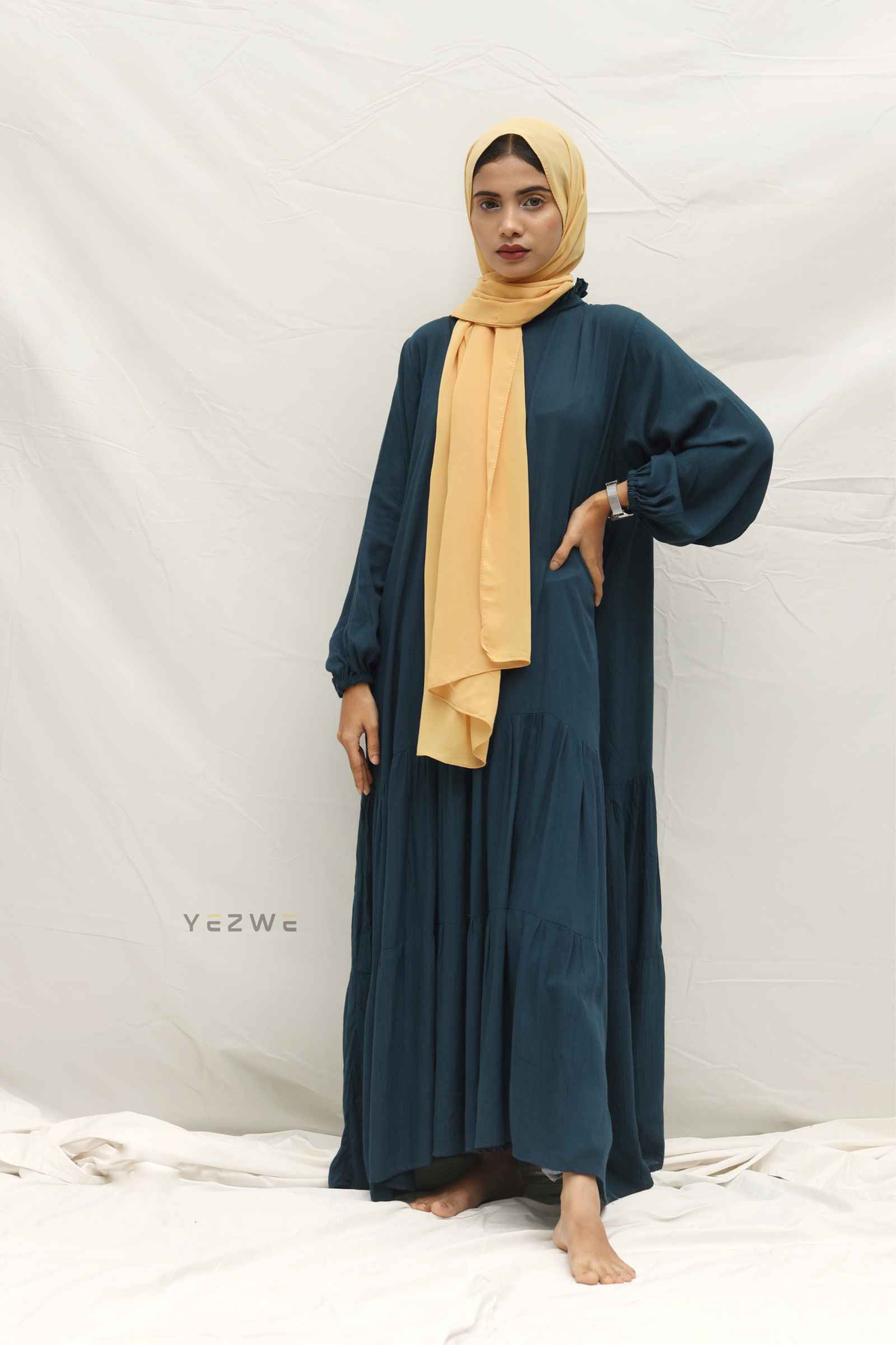 Yezwe Modest Wear Dress Online in Dark Green with Long Sleeves and Flowing Skirt