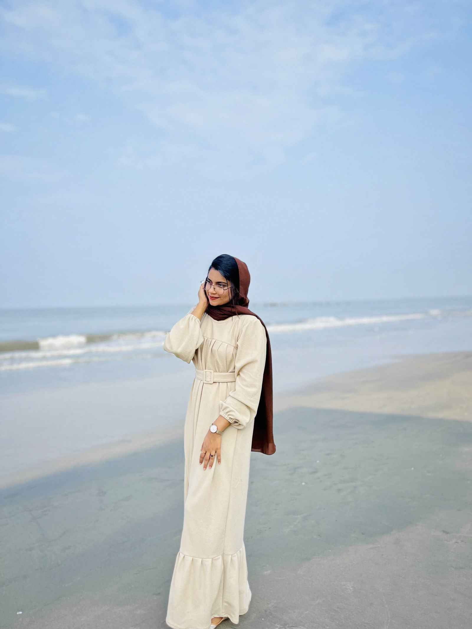 Yezwe Maxi Dress in beige, perfect for Modest Wear Dresses Online with elegant flowing silhouette