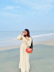 Yezwe Maxi Dress in Beige with Long Sleeves, Perfect for Modest Wear Dresses Online