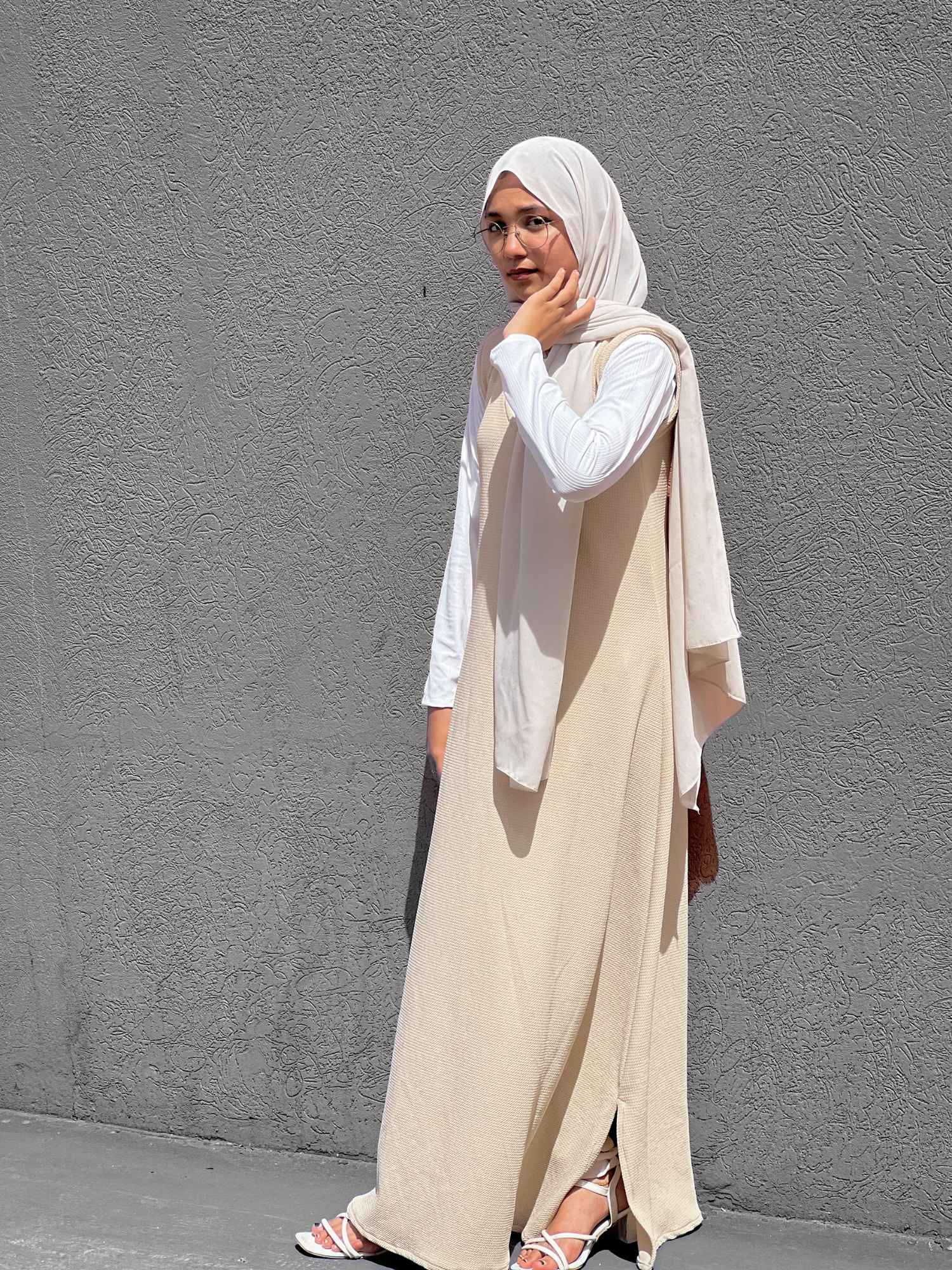 Yezwe full length modest wear dress in beige with a flowing design, perfect for stylish modest outfits