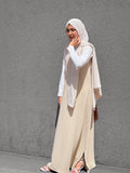 Yezwe full length modest wear dress in beige with a flowing design, perfect for stylish modest outfits