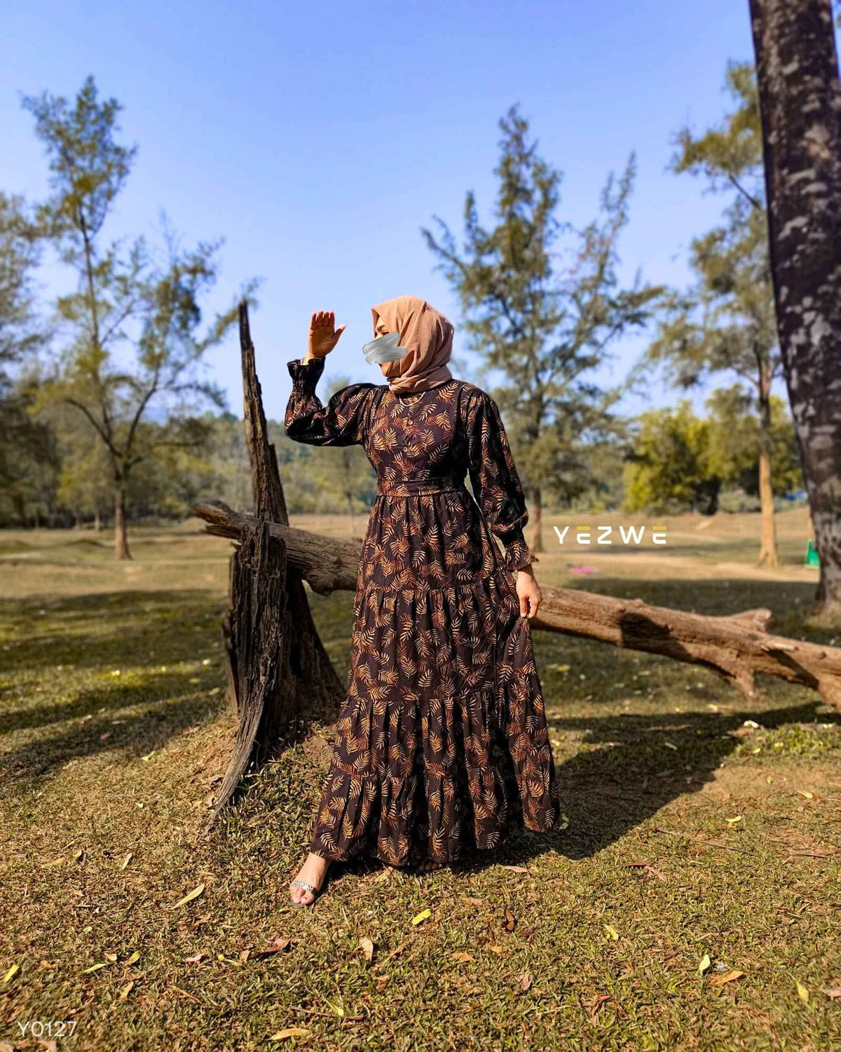 Yezwe modest wear maxi dress featuring a beautiful floral print and long sleeves, perfect for elegant occasions