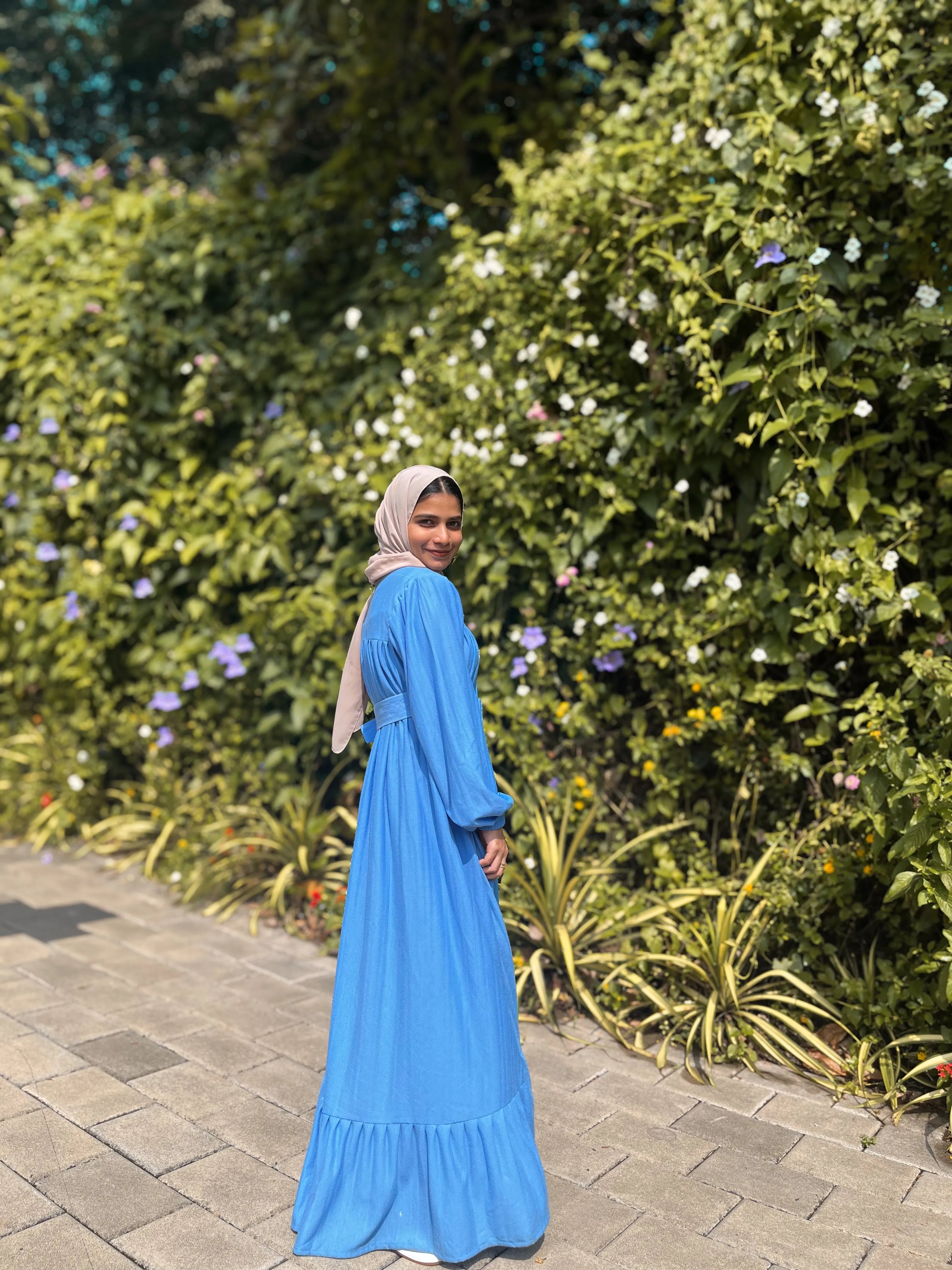 Yezwe Blue Textured Rib Maxi Dress with Belt - Modest Wear - YEZWE