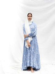 Yezwe modest wear maxi dress in blue floral print with long sleeves and flowing design