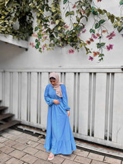 Yezwe modest wear maxi dress in blue with long sleeves and ruffle hem, perfect for everyday comfort