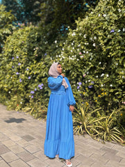 Yezwe Modest Wear Maxi Dress in Blue with Long Sleeves and Ruffled Hem for Elegant Style