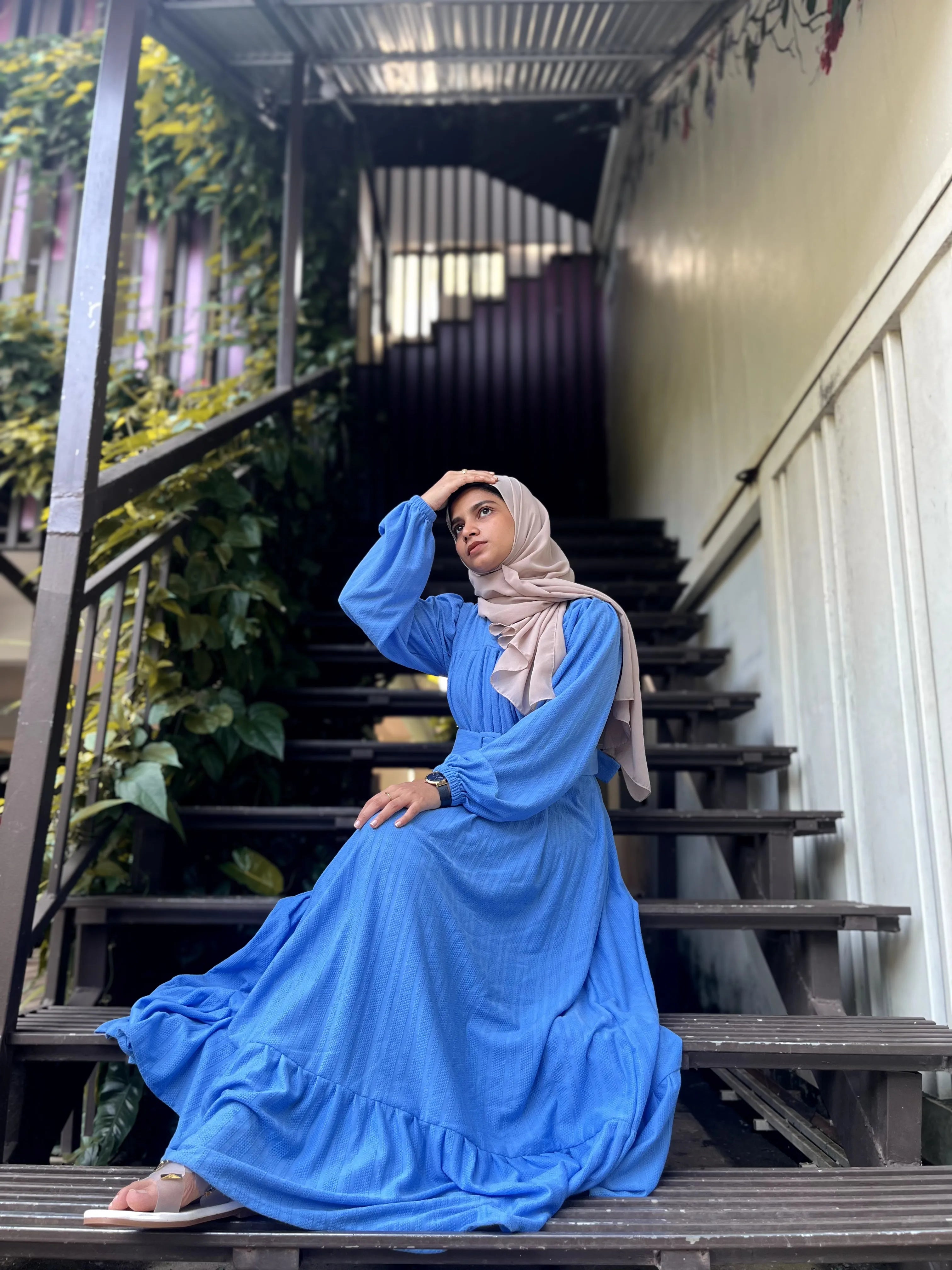 Yezwe Blue Textured Rib Maxi Dress with Belt - Modest Wear - YEZWE