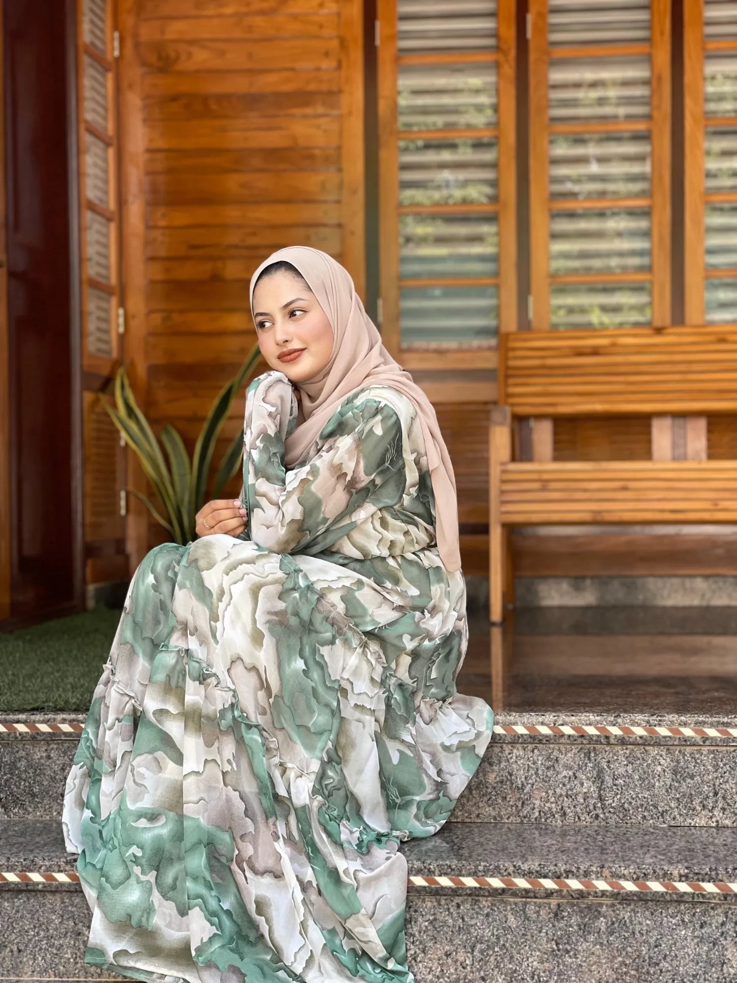 Yezwe Sea Green Print Georgette Maxi Dress with Cloth Belt - Modest Wear - YEZWE