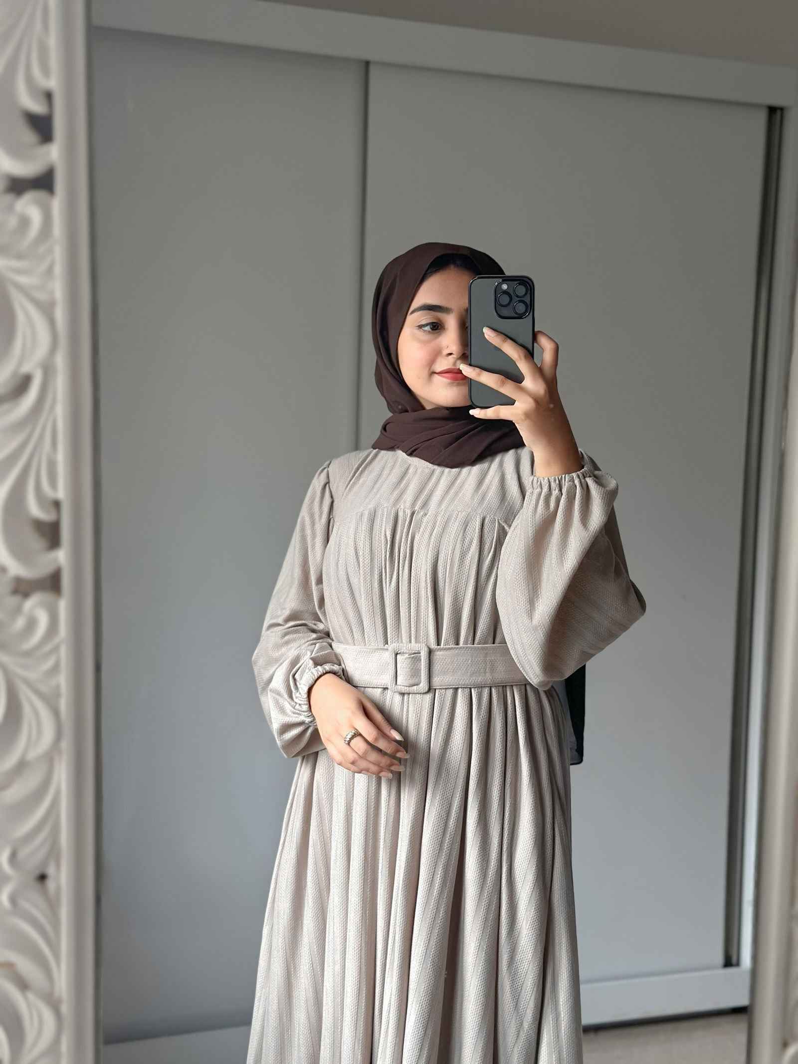Yezwe modest wear maxi dress with pleated design and belted waist for a stylish look