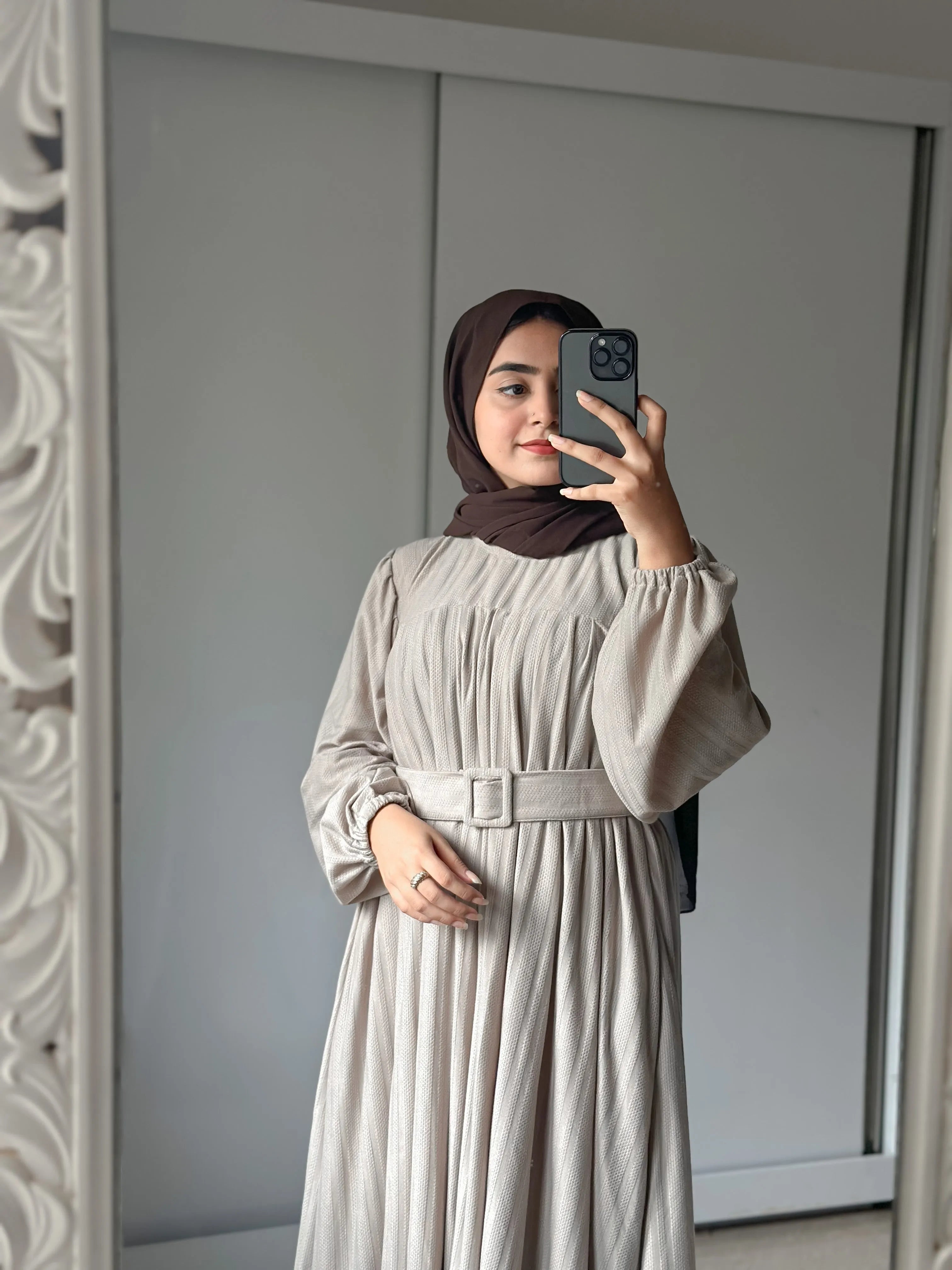 Yezwe Beige Textured Rib Maxi Dress with Belt - Pre booking Modest Wear - YEZWE