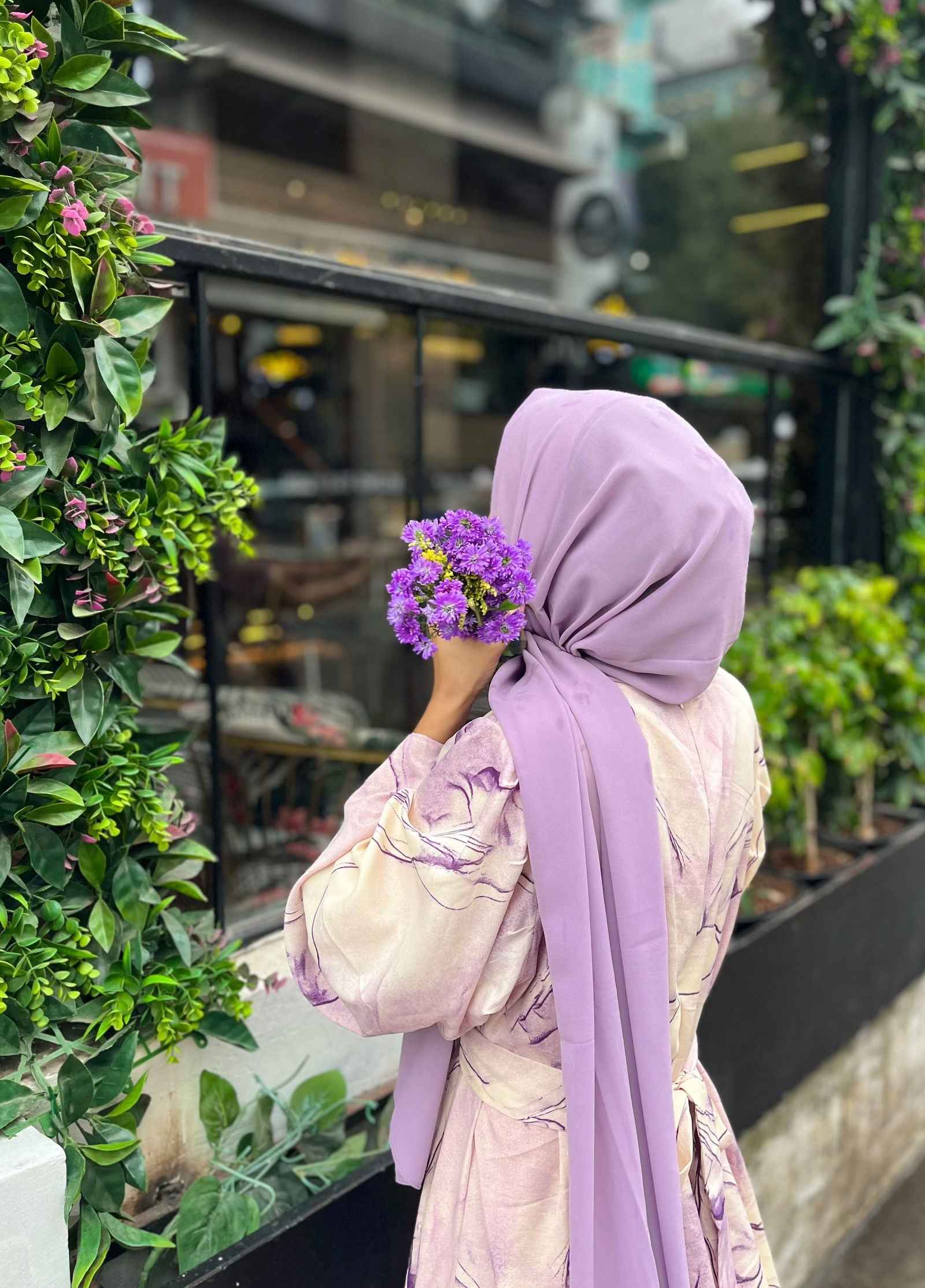 Yezwe Modest Wear Maxi Dress in a pastel floral design, featuring elegant sleeves and a matching hijab