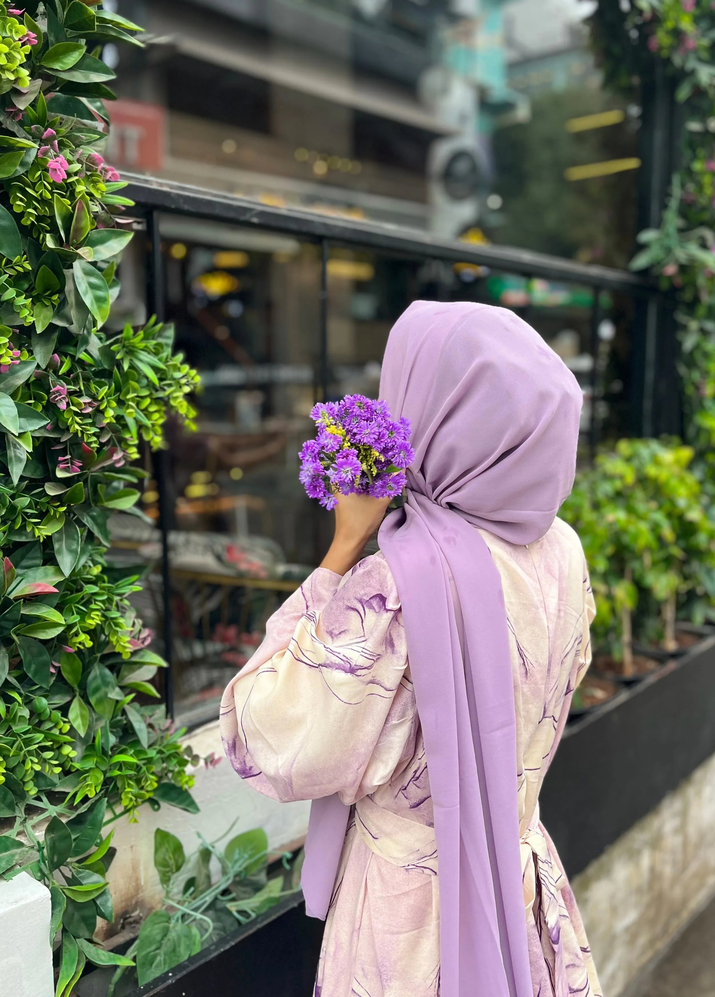 Yezwe Purple Marble Big Print Maxi Dress with Attached Belt - Modest Wear - YEZWE