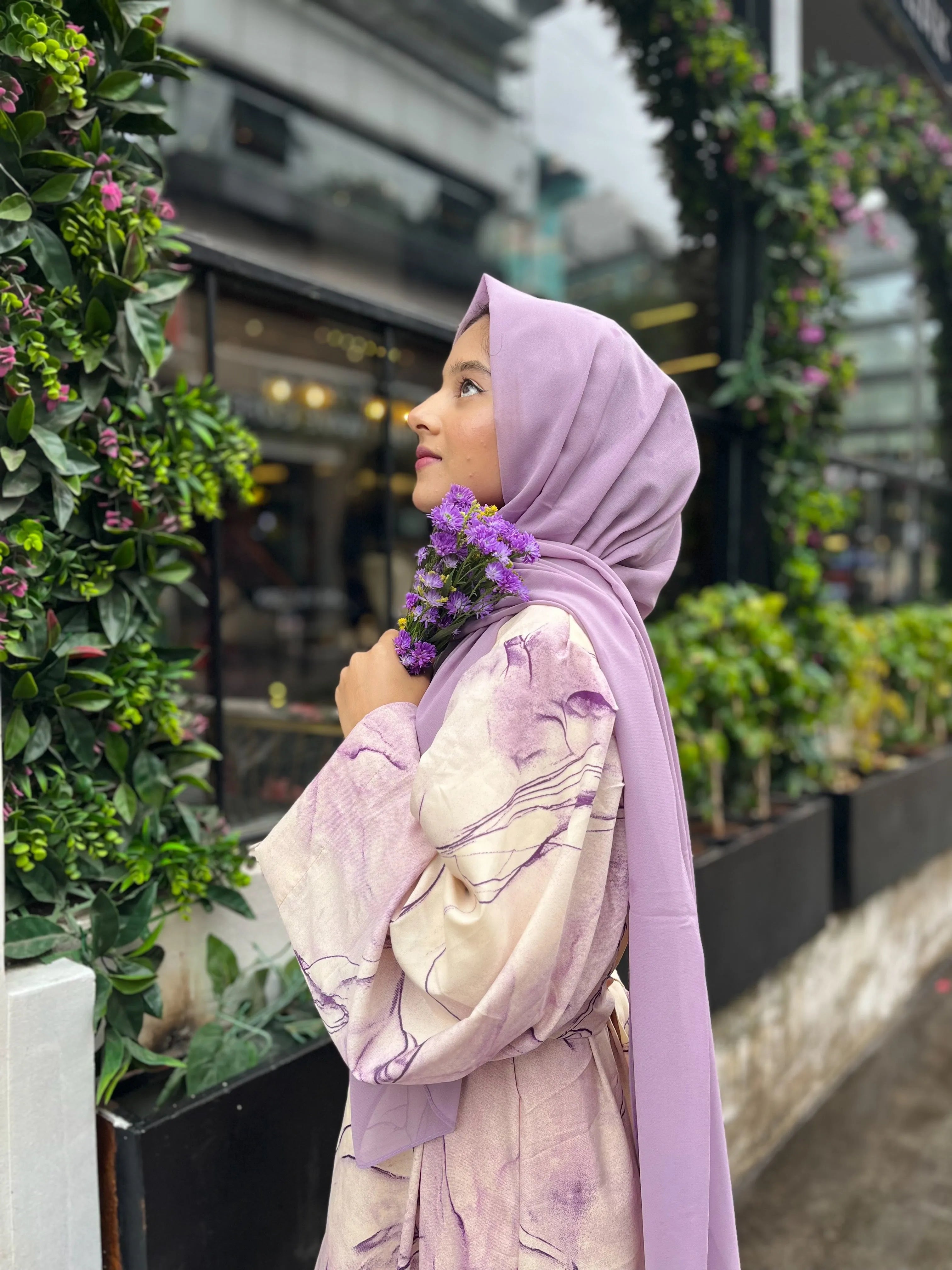 Yezwe Purple Marble Big Print Maxi Dress with Attached Belt - Modest Wear - YEZWE