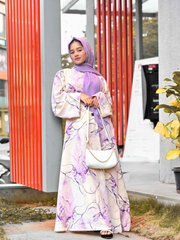 Yezwe Modest Wear Maxi Dress in Abstract Purple and Cream with Long Sleeves and a Flowing Silhouette