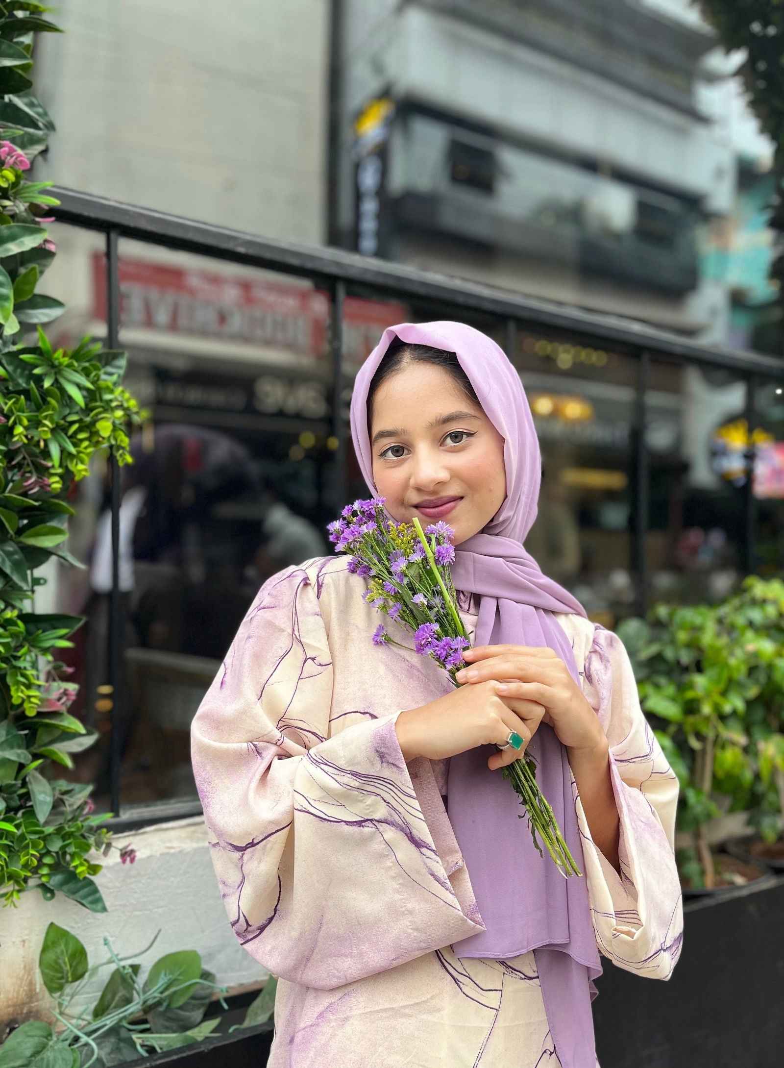 Yezwe Modest Wear Maxi Dress in Soft Floral Print with Long Sleeves and a Light Purple Hijab