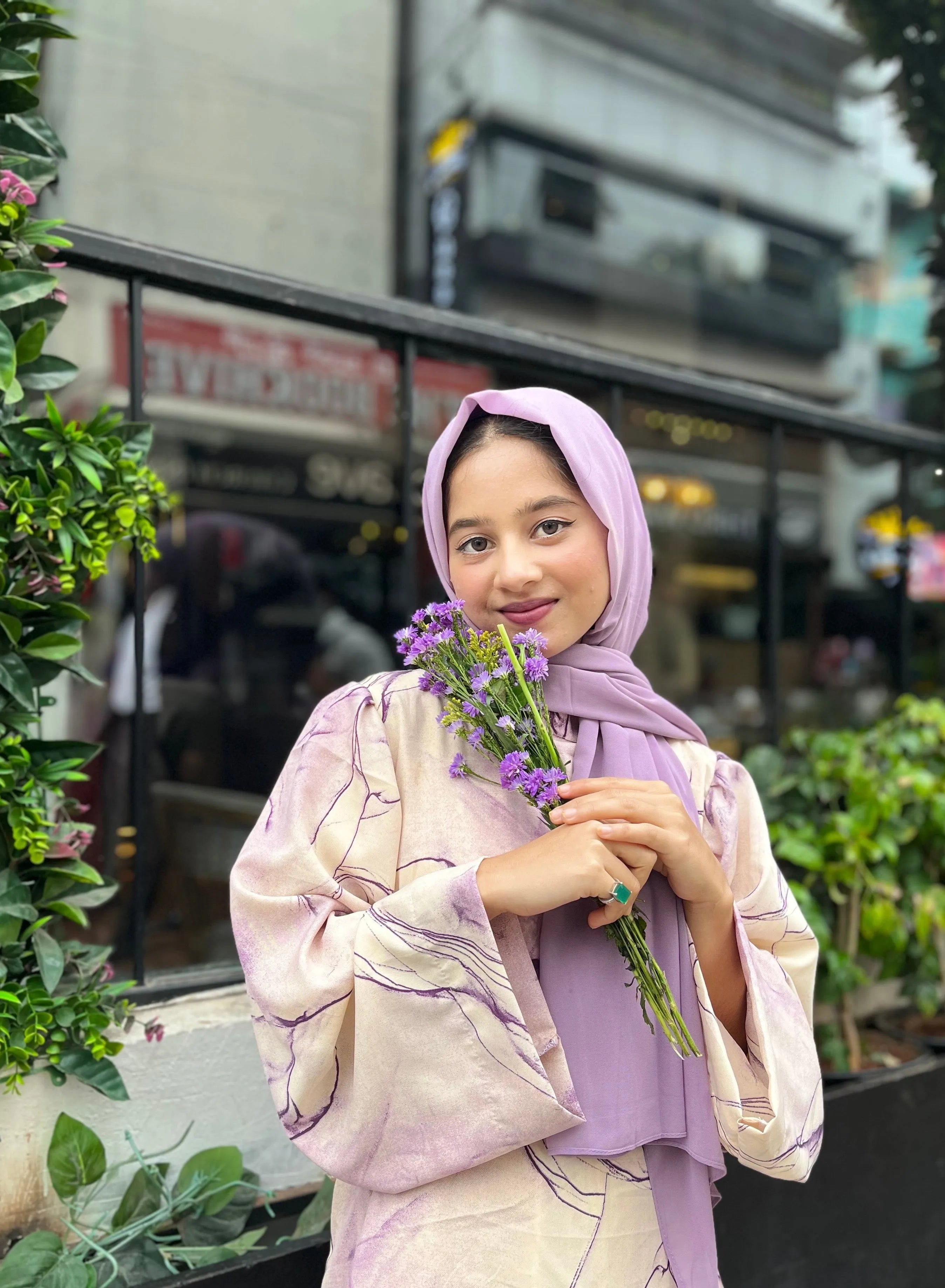 Yezwe Purple Marble Big Print Maxi Dress with Attached Belt - Modest Wear - YEZWE