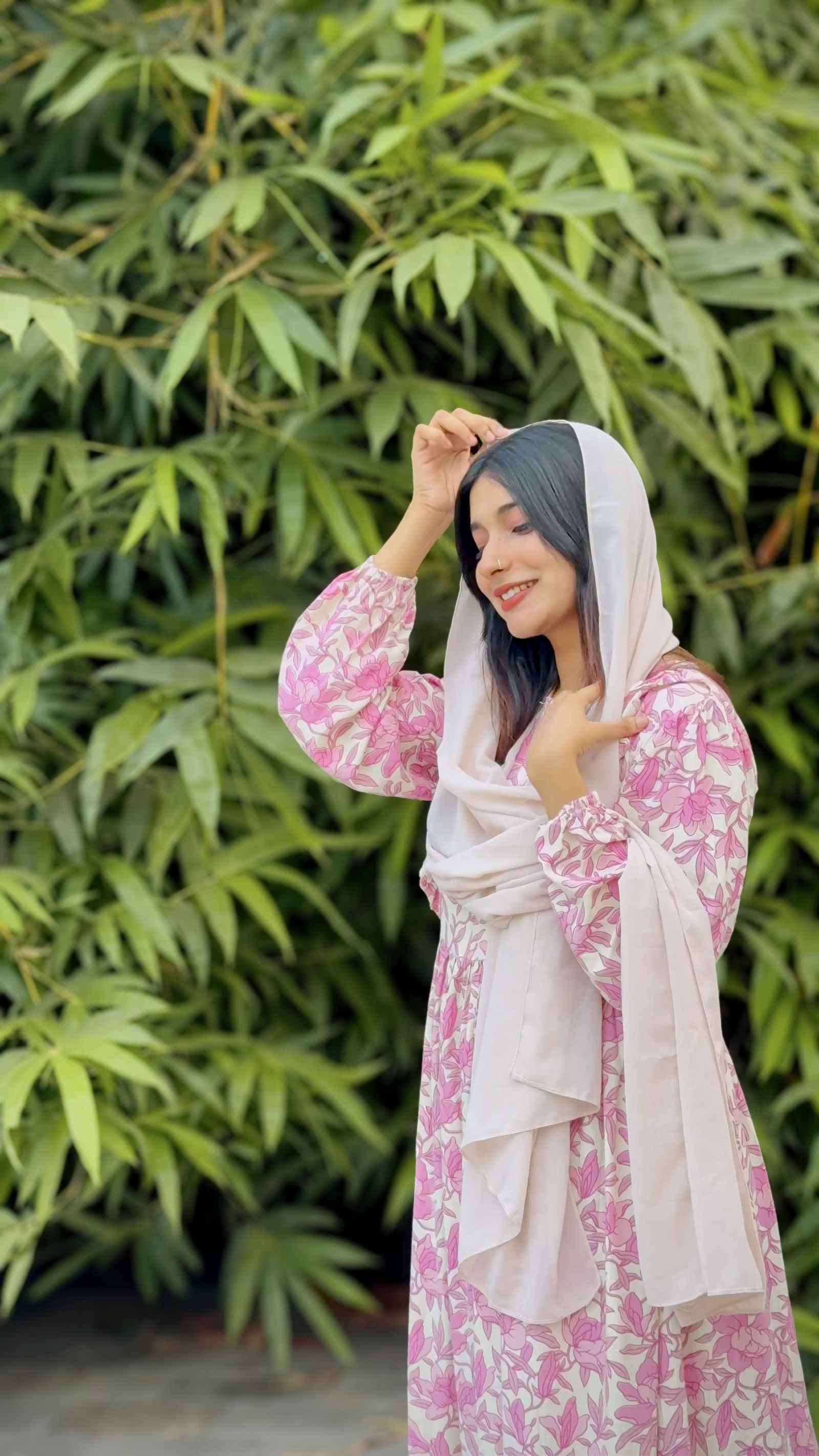 Yezwe Modest Wear Maxi Dress in Pink Floral Print with Elegant Long Sleeves and Matching Scarf