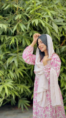 Yezwe Modest Wear Maxi Dress in Pink Floral Print with Elegant Long Sleeves and Matching Scarf
