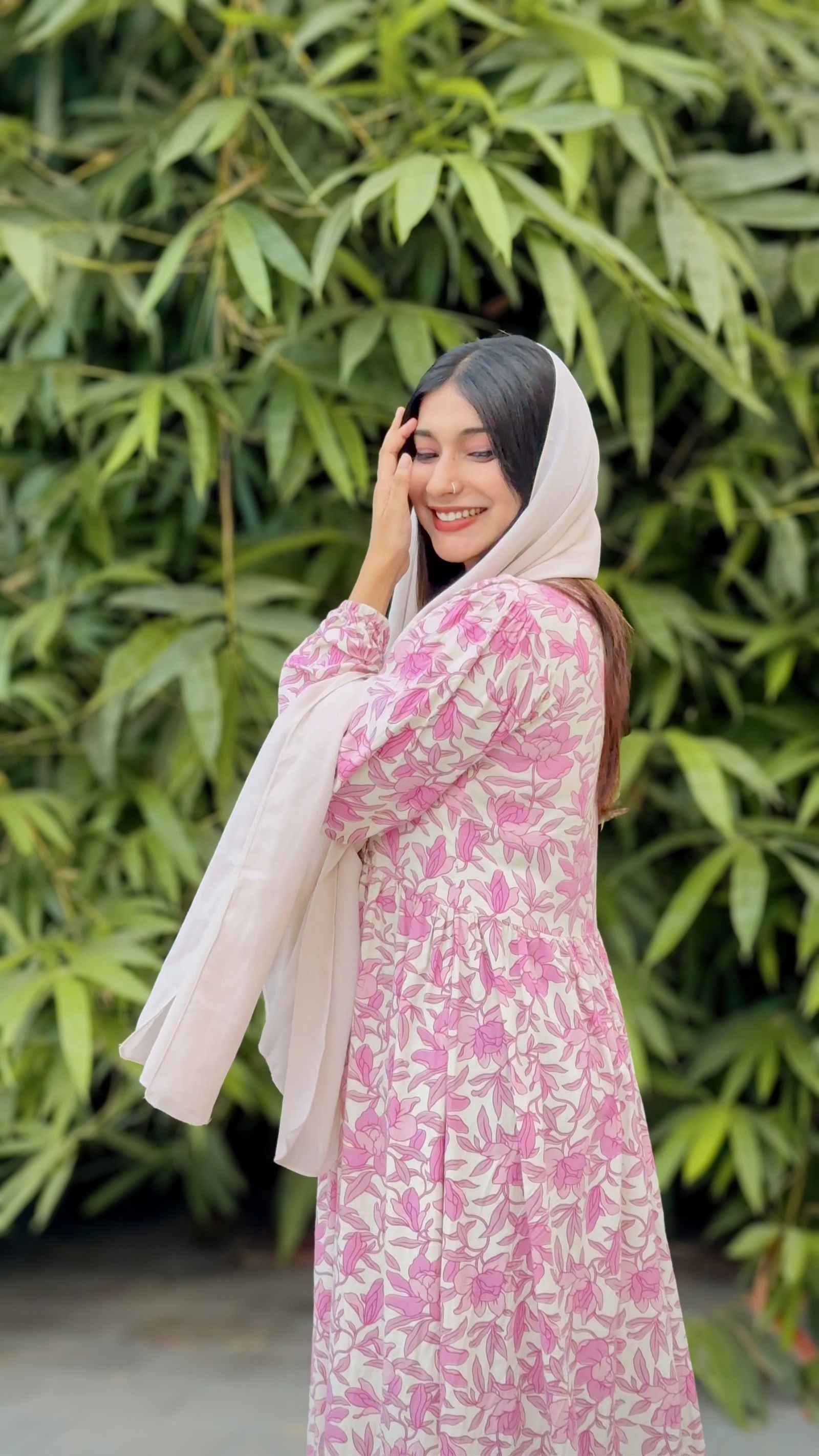 Yezwe modest wear maxi dress in pink floral pattern with elegant long sleeves and matching hijab