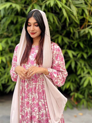 Yezwe modest wear maxi dress in pink floral print, complemented by a light scarf for an elegant look