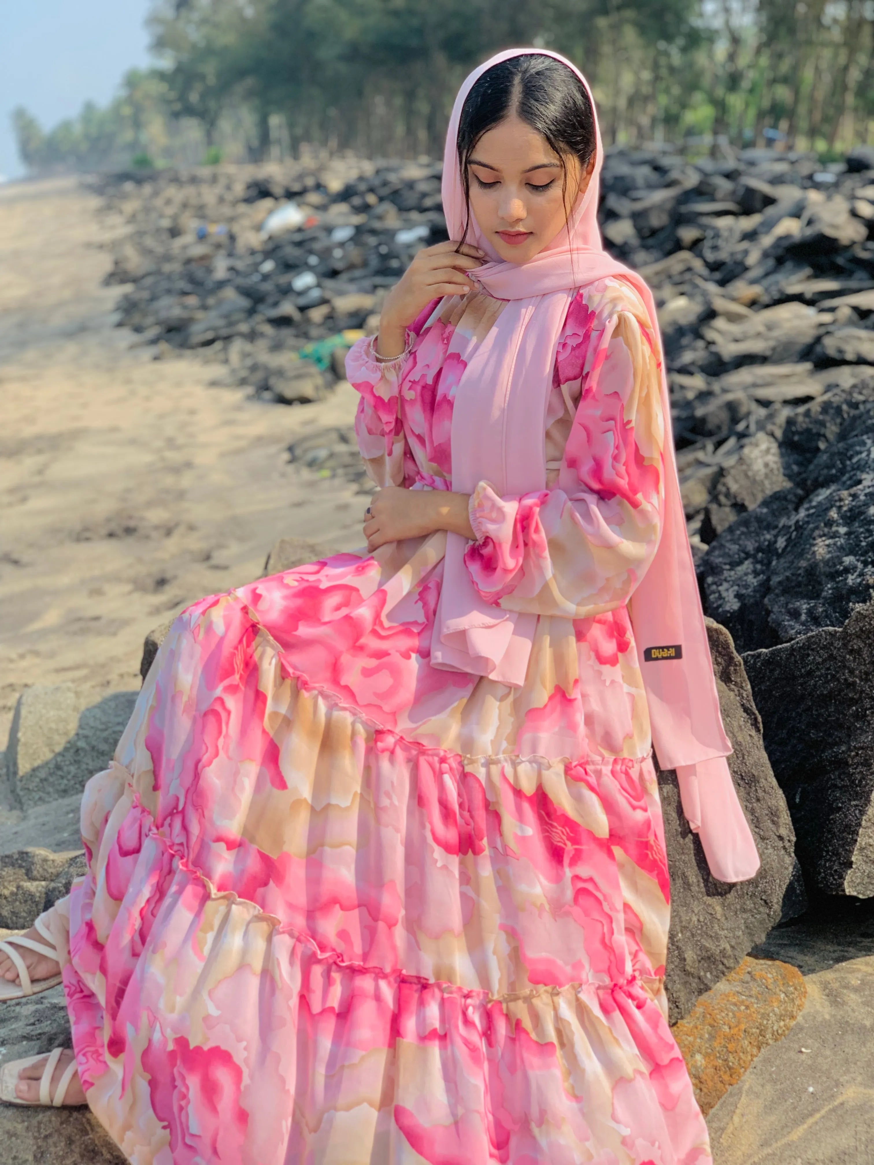 Yezwe Rose Print Georgette Maxi Dress with Cloth Belt Modest Wear XXS-30