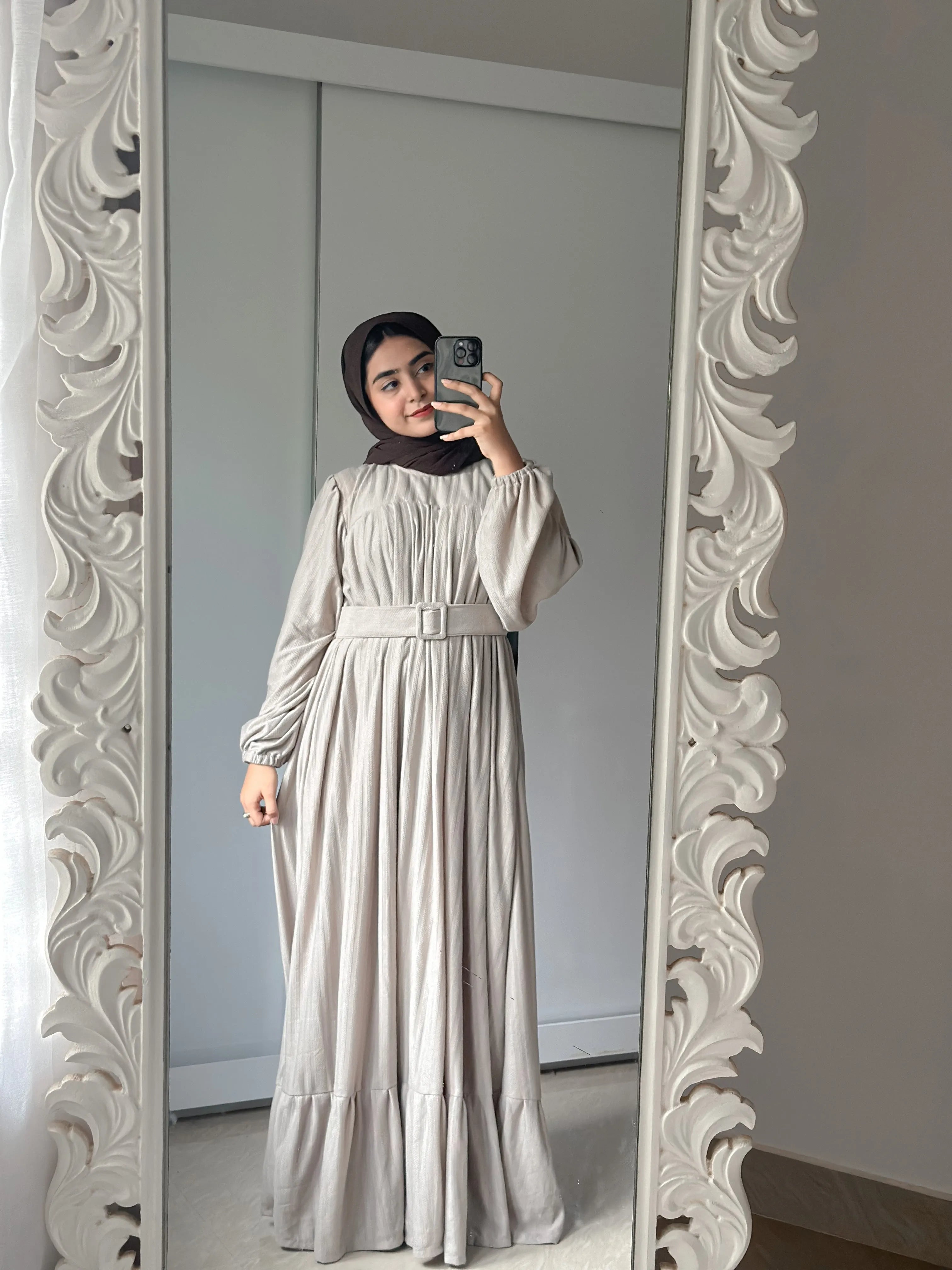 Yezwe Beige Textured Rib Maxi Dress with Belt - Pre booking Modest Wear - YEZWE