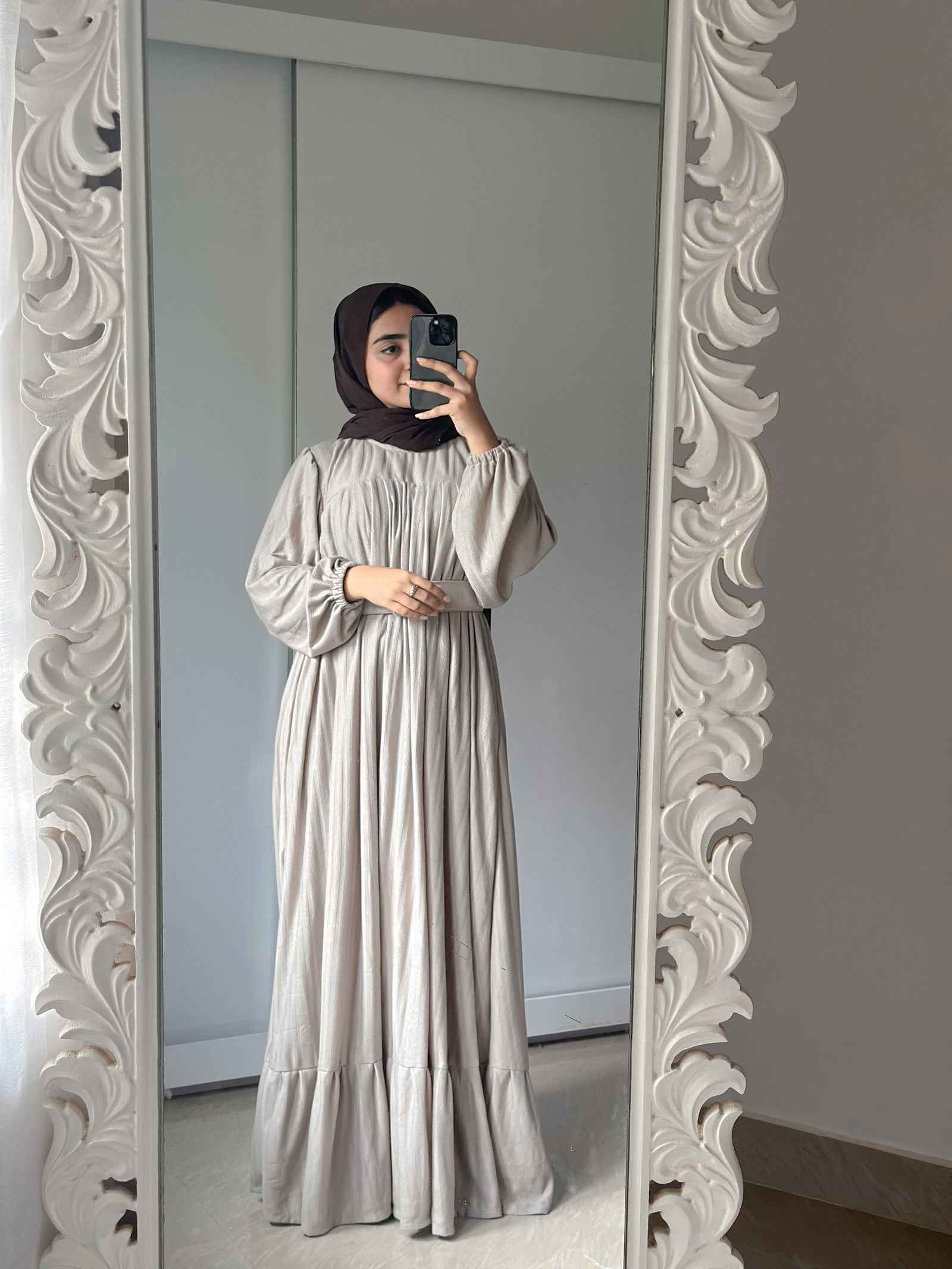 Yezwe modest wear maxi dress in light beige, perfect for casual and formal occasions