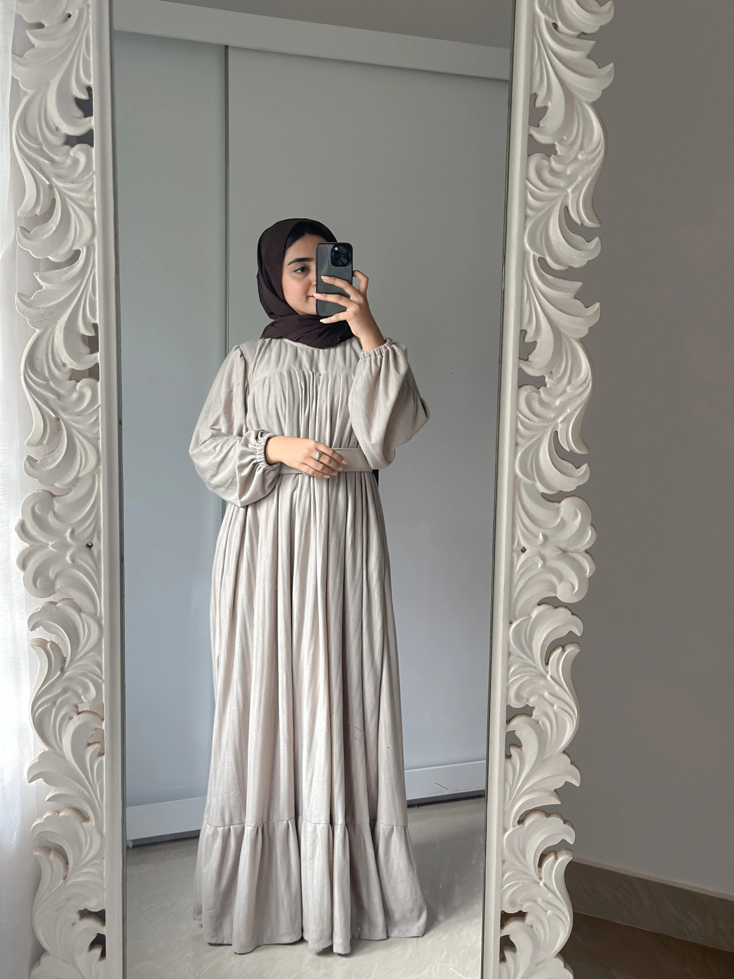 Yezwe Beige Textured Rib Maxi Dress with Belt - Pre booking Modest Wear - YEZWE