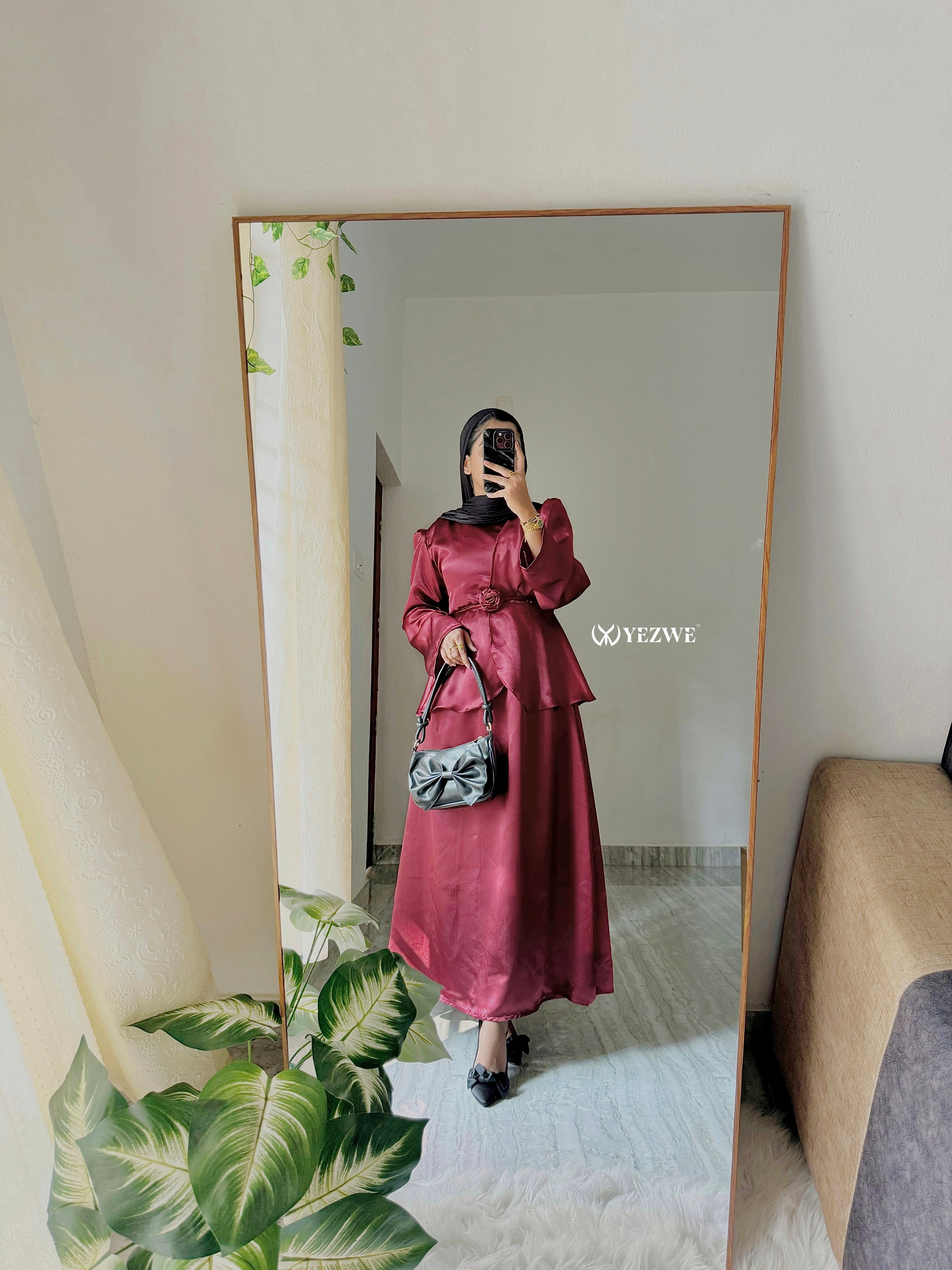 Yezwe Burgundy Plain Full Sleeve Satin Top and Skirt Co-Ord Set - Modest wear XXS - 30 #MWS Options 6 mws_apo_generated