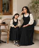 Mom & Daughter Black Pinafore Dress Set with Embroidered Kora Cotton Inner, perfect for stylish family outings