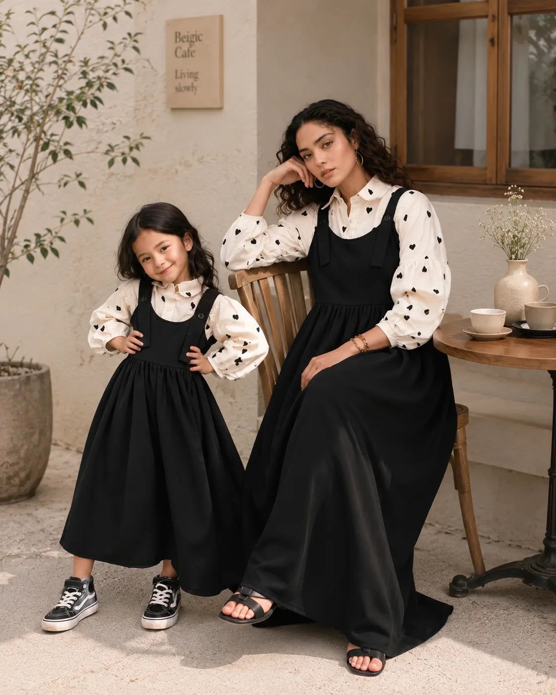 Mom & Daughter Black Pinafore Dress Set with Embroidered Kora Cotton Inner for stylish family outings