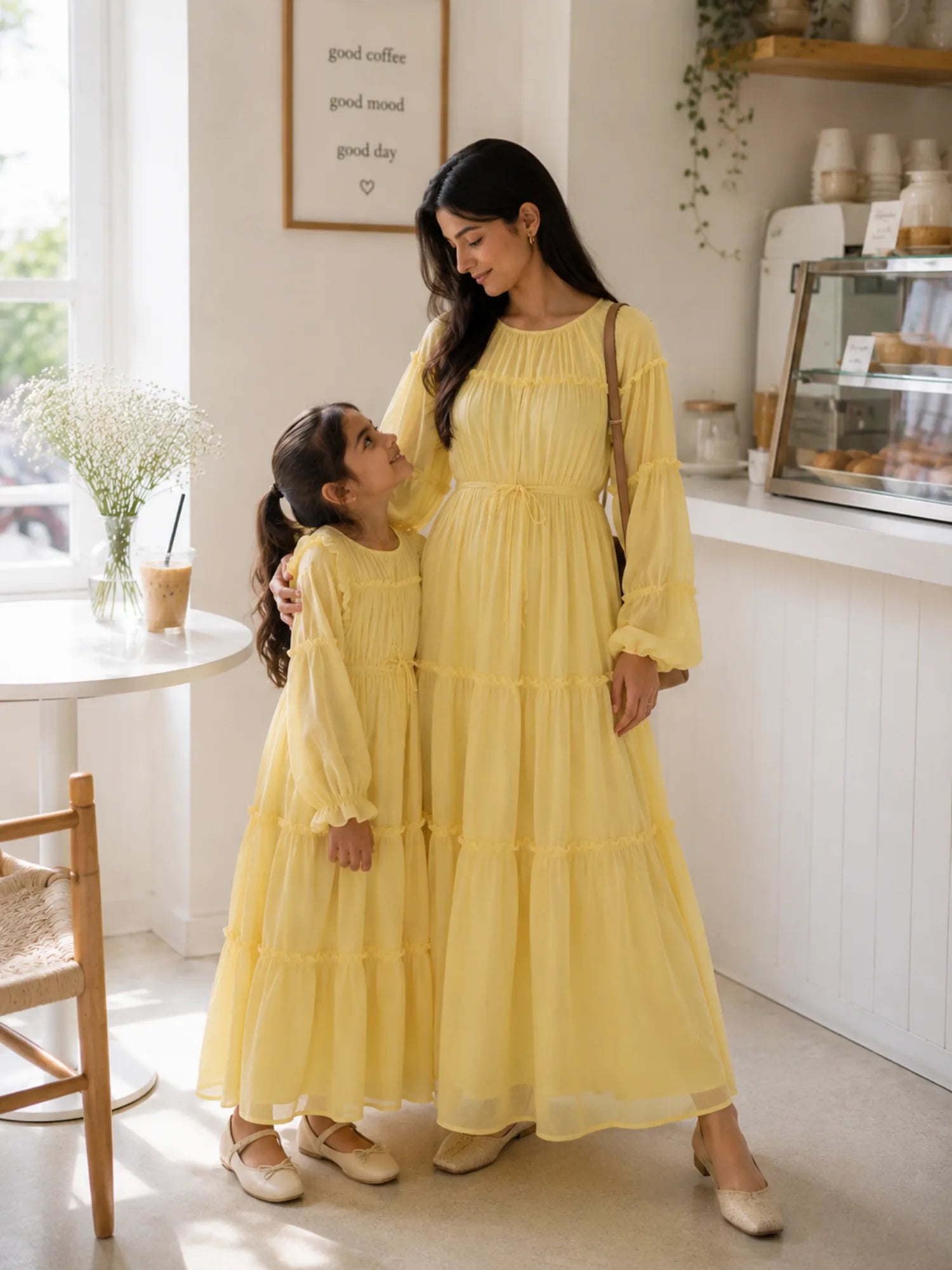Mom & Daughter Butter Yellow Georgette Maxi Dress Combo | Modest Wear with flowy sleeves and tiered design