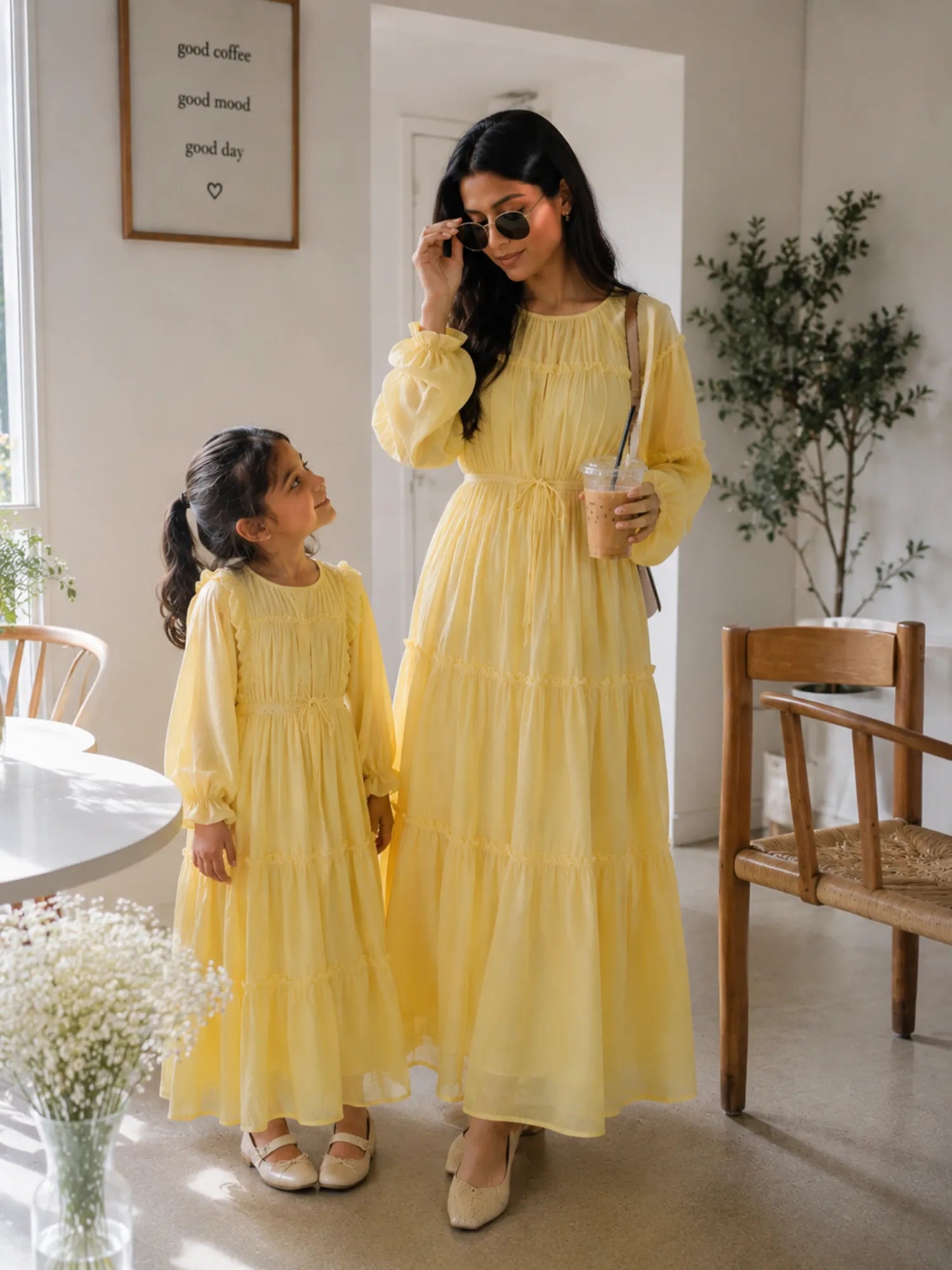 Mom & Daughter Butter Yellow Georgette Maxi Dress Combo | Modest Wear, perfect for family outings