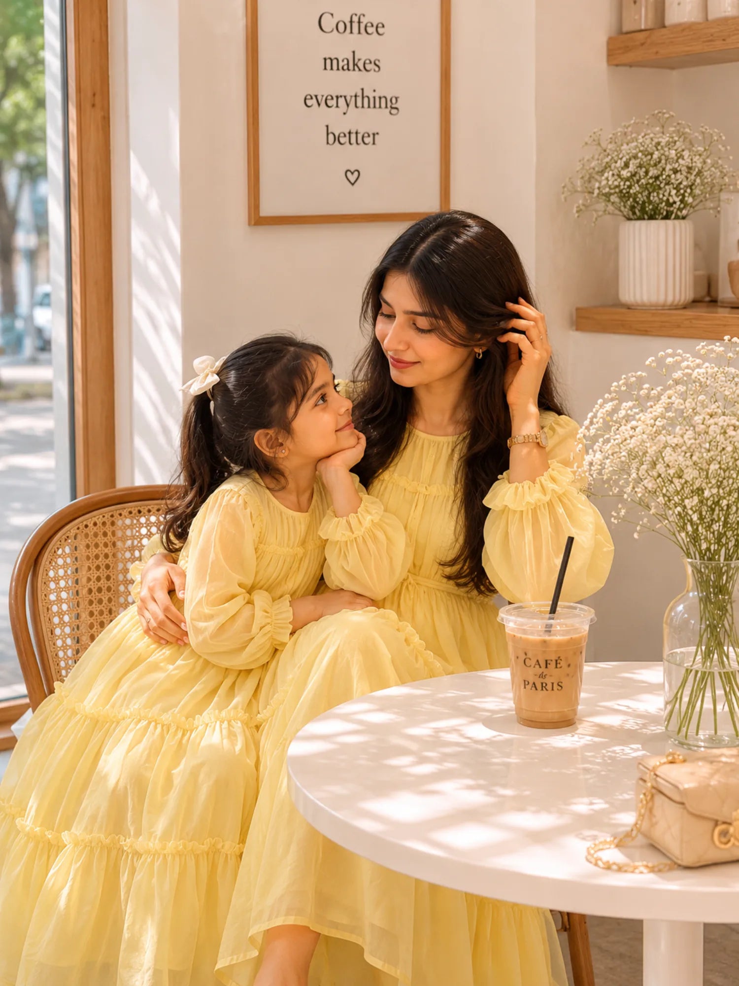 Mom & Daughter Butter Yellow Georgette Maxi Dress Combo | Modest Wear featuring a joyful moment in a cafe