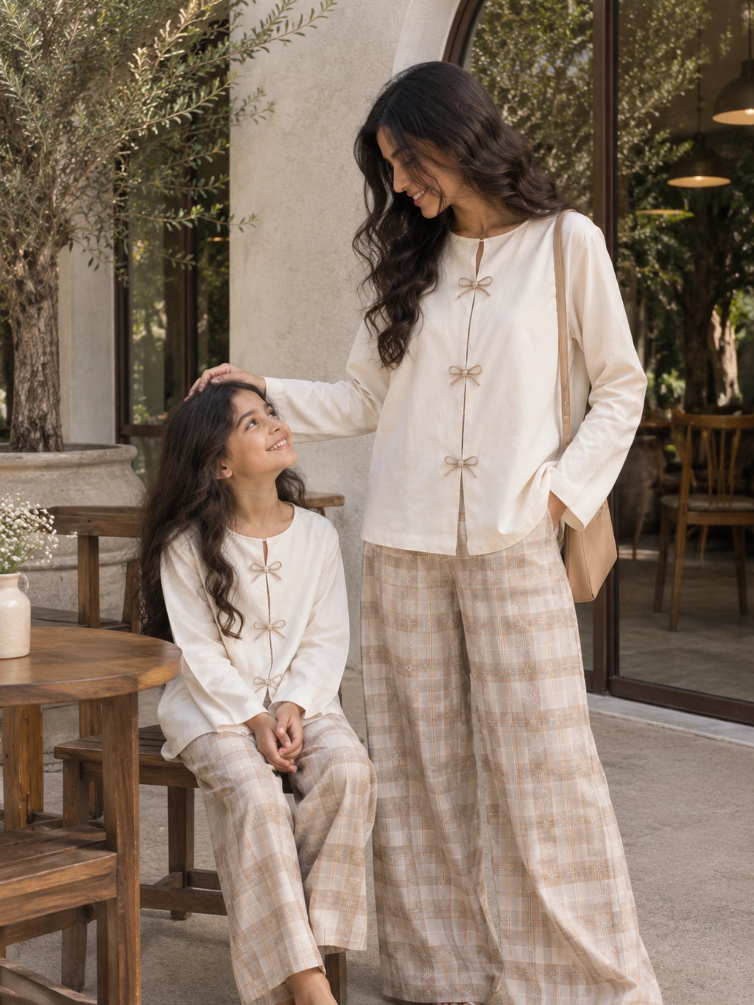 YEZWE mom and daughter matching co ord set featuring a stylish top and plaid pants for family outings