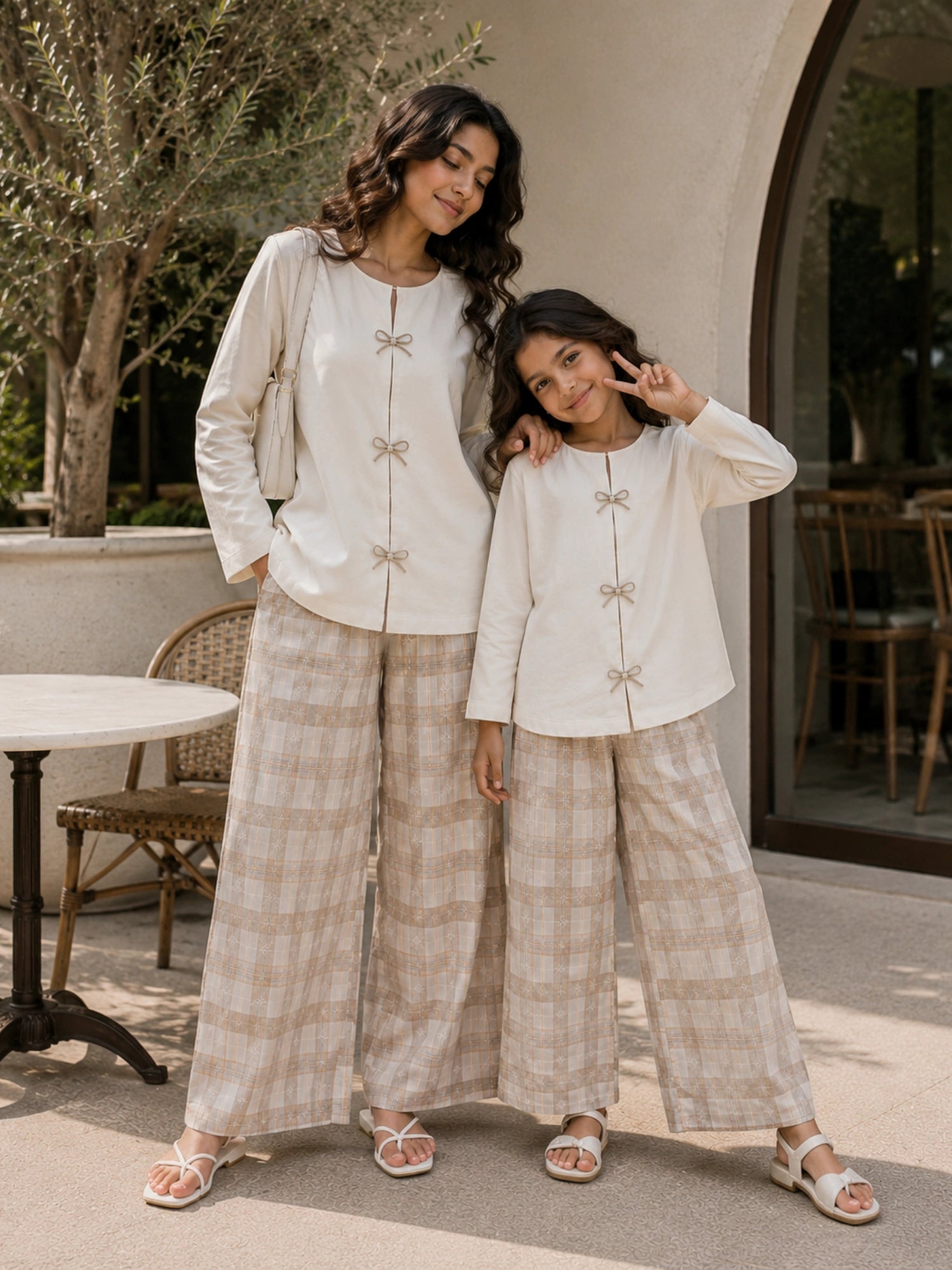 Mom and daughter matching co ord set in beige with bow details and wide-leg pants for stylish family outings