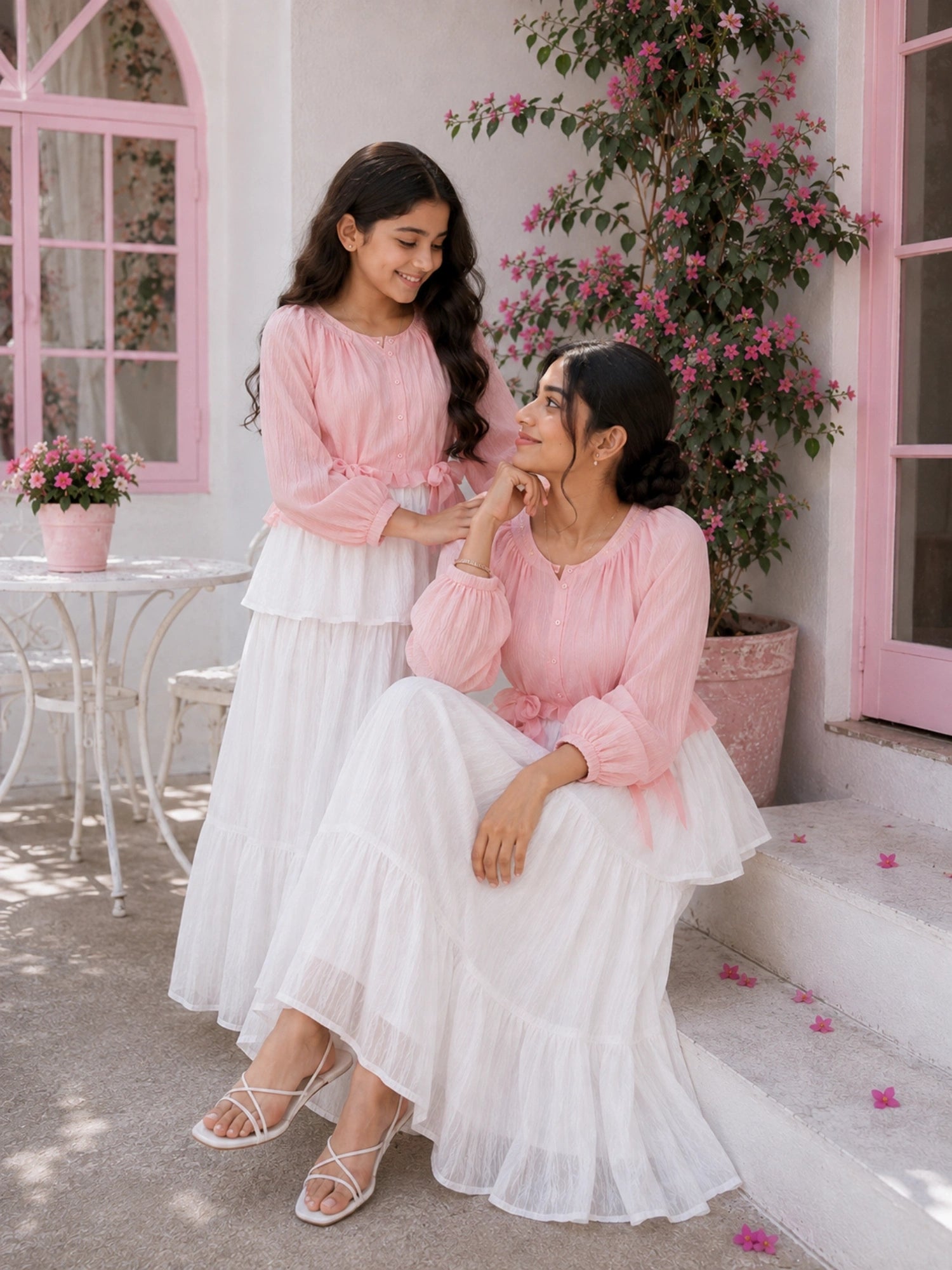 Mom and daughter matching maxi dress set in pink and white, featuring ruffled layers and a stylish design