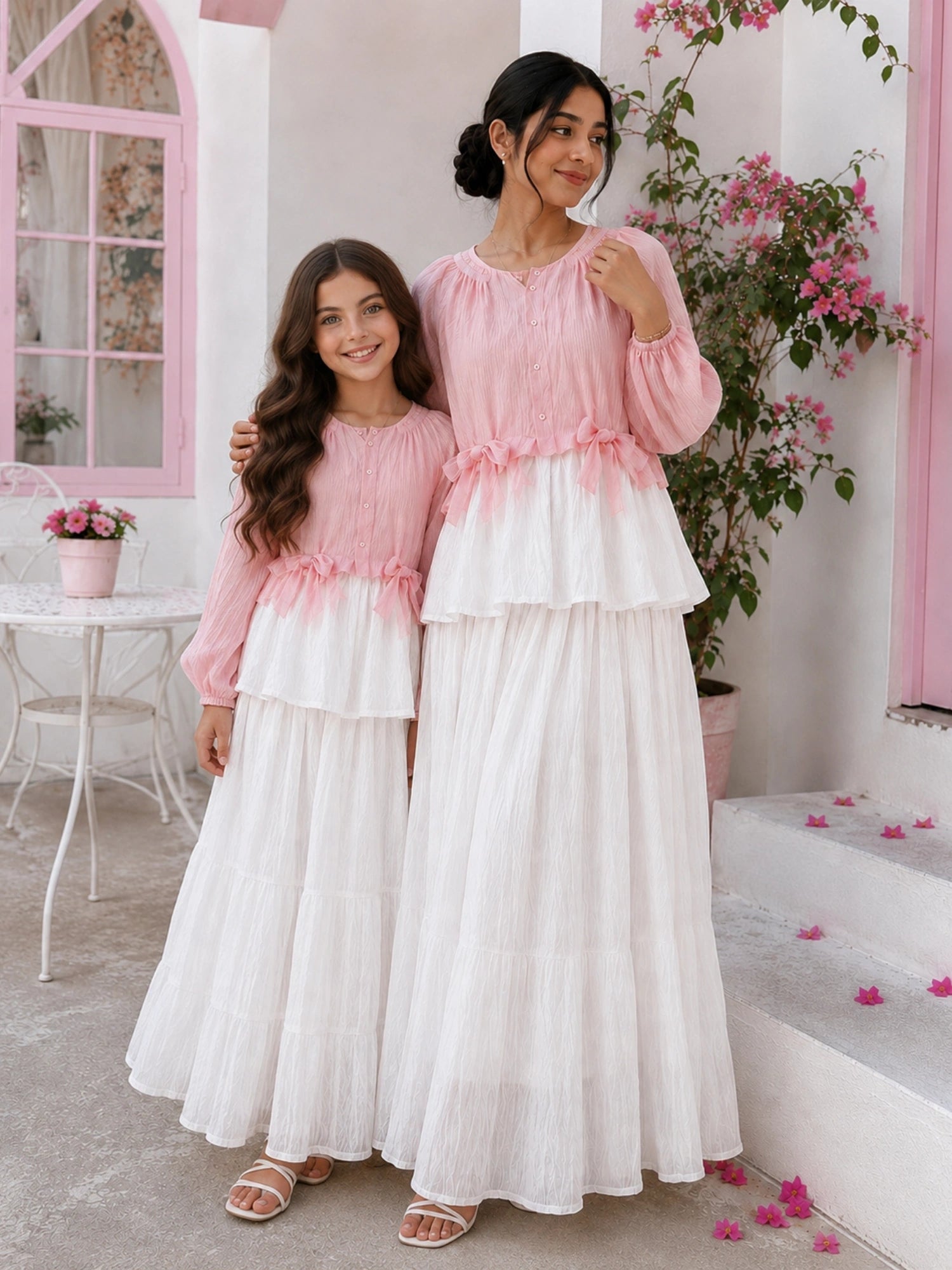 Mom and daughter matching maxi dress set in pink and white with layered design and long sleeves