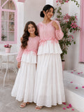 Mom and daughter matching maxi dress set in pink and white with layered design and long sleeves