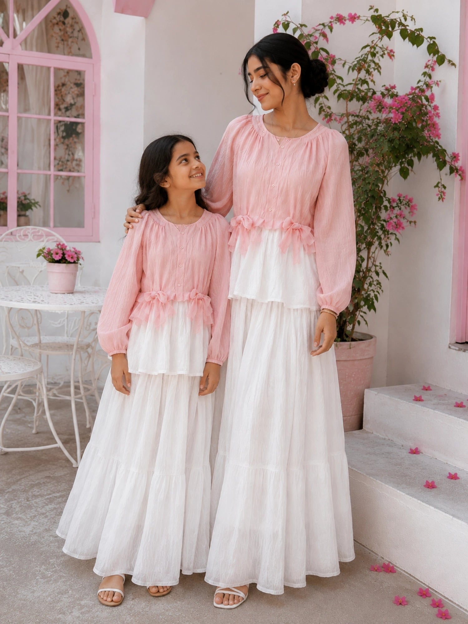 Mom and daughter matching maxi dress set in pink and white with ruffled details and flowing skirts