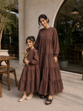 Mom and daughter matching tiered maxi dress set in brown fabric for stylish family outings