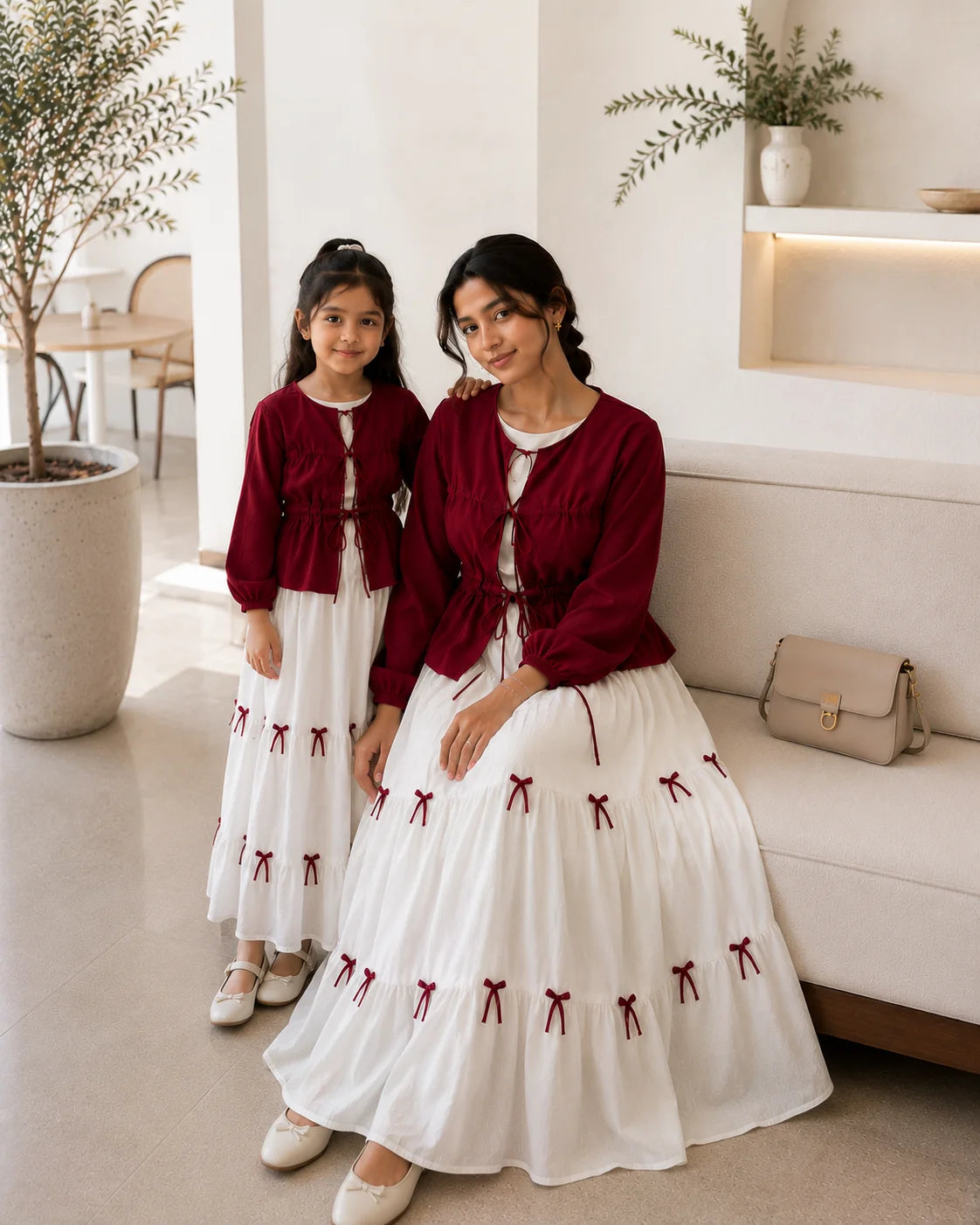 Mom & Daughter Matching Bow Detail Maxi Dress Set In Wine Red & White with coordinating jackets for stylish family looks