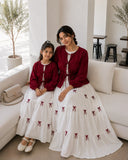Mom & Daughter Matching Bow Detail Maxi Dress Set In Wine Red & White featuring cozy styling for relaxed moments