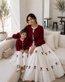 Mom & Daughter Matching Bow Detail Maxi Dress Set In Wine Red & White featuring elegant designs and cozy fits