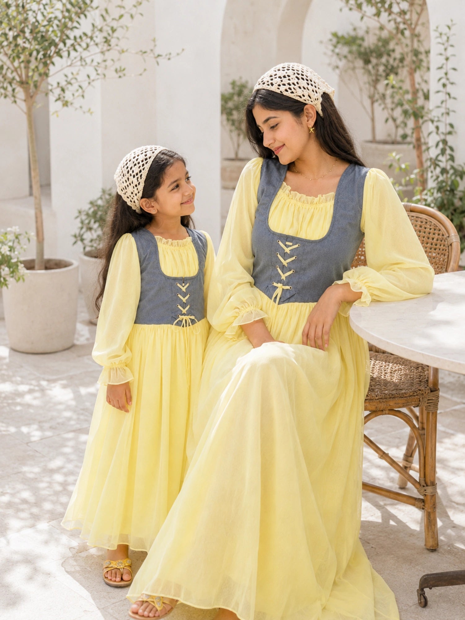 Mom & Daughter Matching Pastel Yellow Corset Maxi Dress Set with Denim Bodice for Stylish Family Outfits