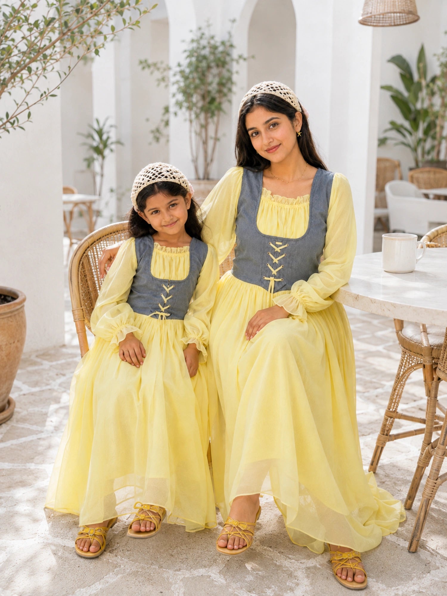 Mom & Daughter Matching Pastel Yellow Corset Maxi Dress Set with Denim Bodice for stylish family outings