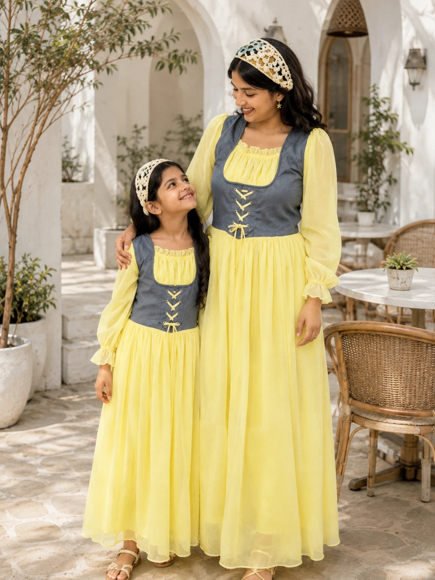 Mom & Daughter Matching Pastel Yellow Corset Maxi Dress Set with Denim Bodice for special occasions